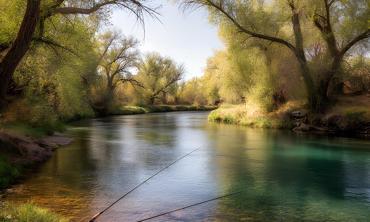 Quiet Arizona river bend with cottonwood trees, clear water, and a lone fishing rod resting on the bank