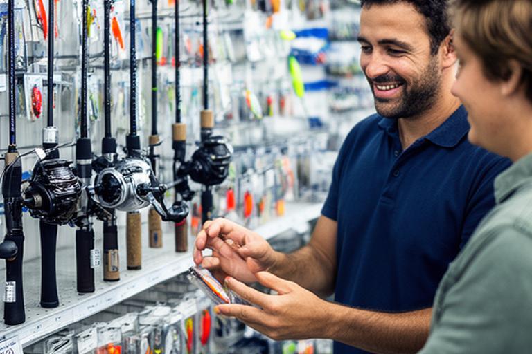 Friendly fishing store staff member helping an angler choose tackle beside a neatly arranged wall of gear