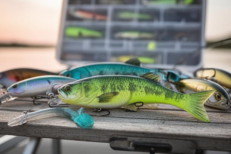 Tournament bass swimbait displayed beside a lure board and lake map notes
