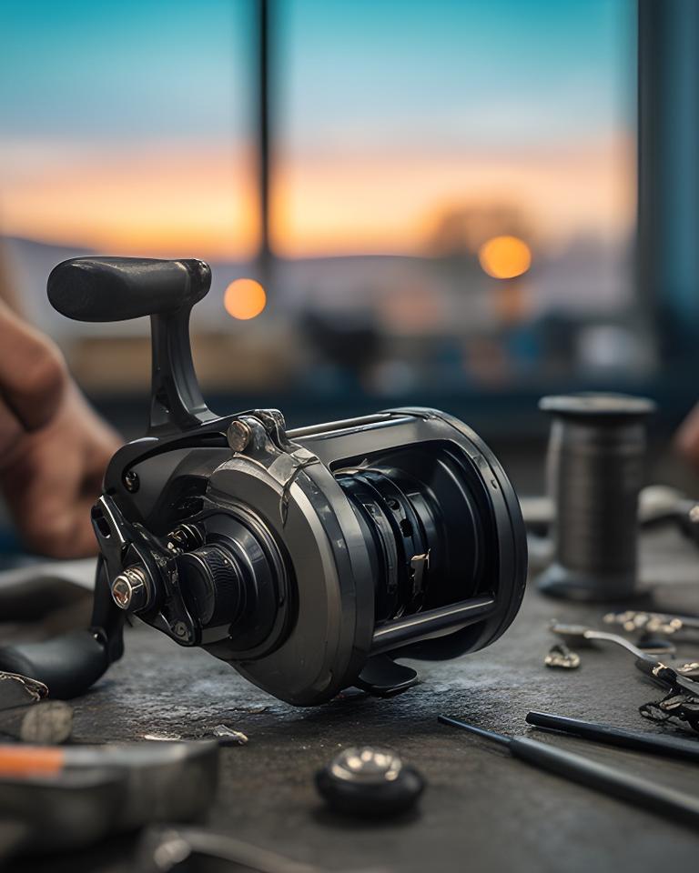 A repaired fishing reel on a workbench with Phoenix sunset light filtering through the shop window