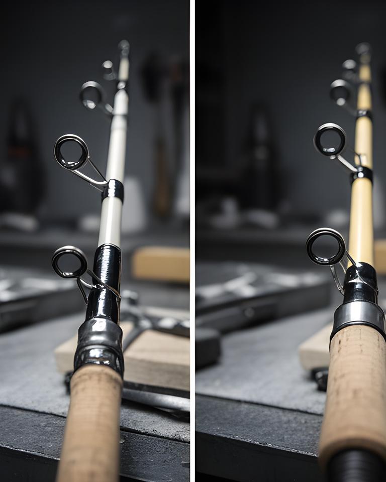 Before and after view of a repaired fishing rod with fresh guides and polished reel seat in a Phoenix workshop