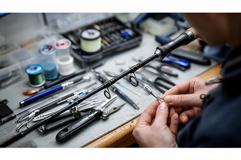 Technician restoring a fishing rod beside neatly arranged repair tools and spool line