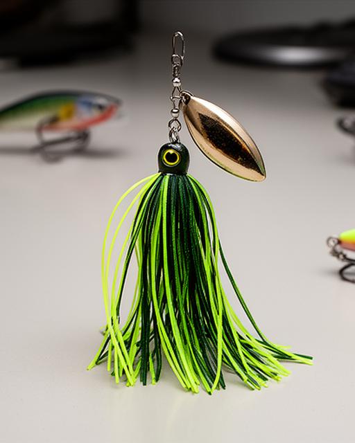 Tournament spinnerbait with chartreuse skirt and Colorado blade on a clean bench