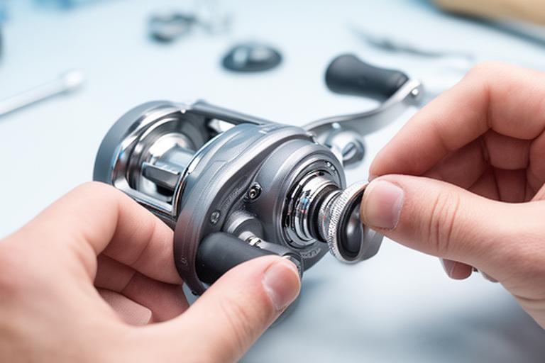 Hands adjusting a fishing reel with an ergonomic knob upgrade on a clean repair bench