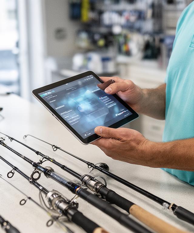 Confident customer reviewing a secure fishing gear checkout on a tablet beside rods and tackle on a clean counter