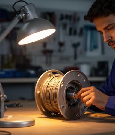 Carlos, a repair technician, inspecting a reel spool under a desk lamp in a tidy service bay