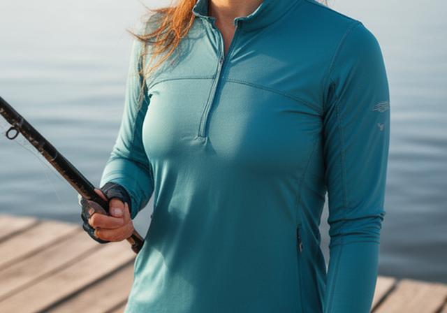 Women angler wearing a tailored performance fishing shirt with sun sleeves and practical pockets near a lakeside dock